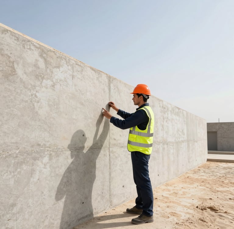 Portrait architectural shot of a professional engineer in high-visibility safety gear inspecting a concrete foundation wall under bright UAE daylight