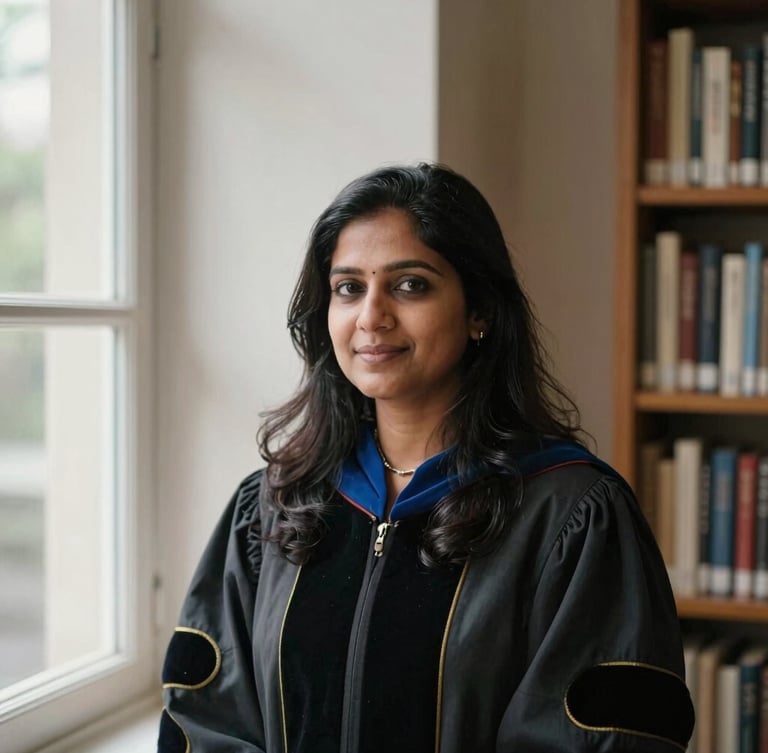 A professional editorial portrait of Dr. Smrity Sonal in a sunlit library, soft natural window light, muted academic tones, shallow depth of field, 35mm