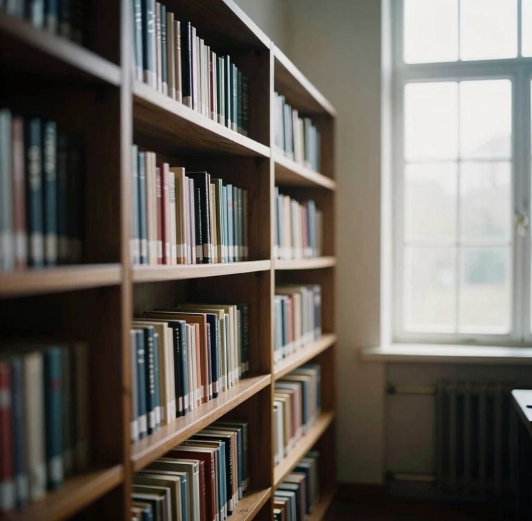 A quiet, sunlit library interior with dark wood bookshelves, soft window light filtering through, shallow depth of field, 35mm.