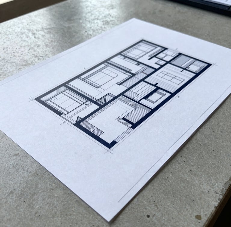 Close-up of a structural blueprint sheet resting on a polished concrete desk, cool daylight, high-contrast details
