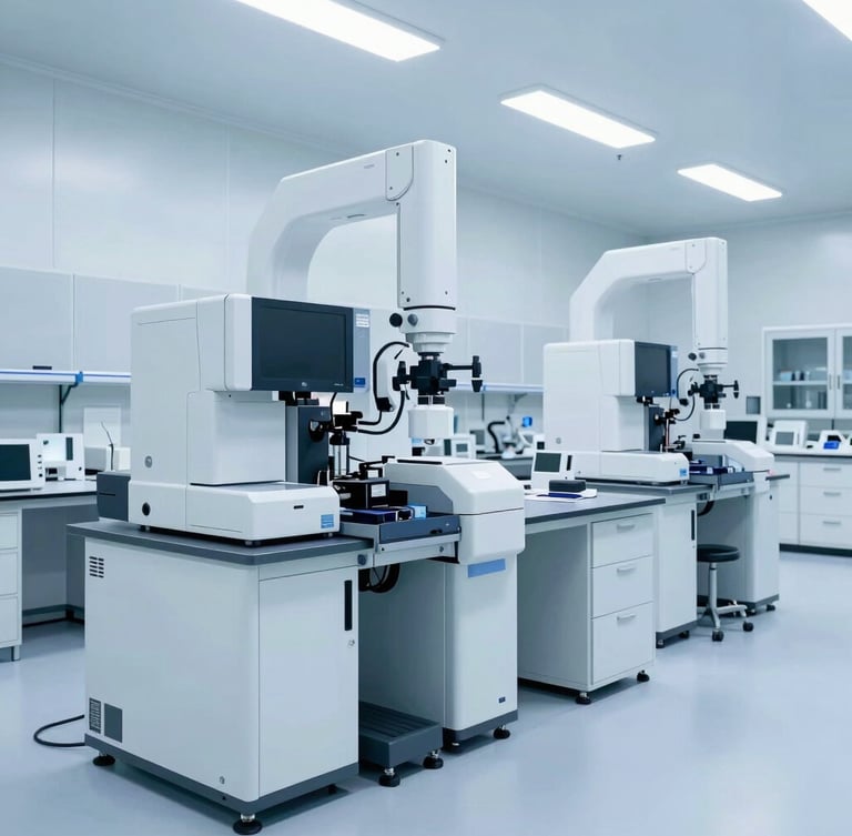 Wide-angle view of a state-of-the-art clean-room laboratory with automated diagnostic equipment under cool sterile lighting, clean blue and white tones