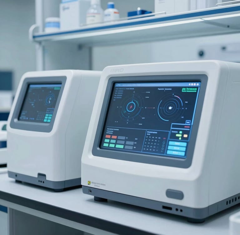 Crisp clinical photography of advanced diagnostic laboratory equipment with high-level data visualization interfaces, cool sterile lighting.