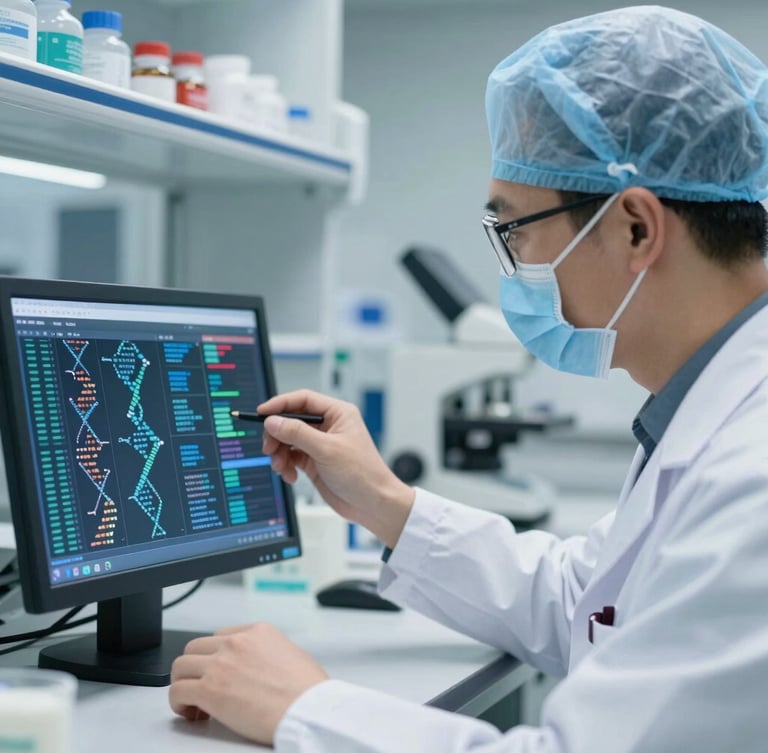 Medium close-up of a clinical researcher in a sterile clean-room analyzing genomic data on a high-contrast interface, cool professional lighting.