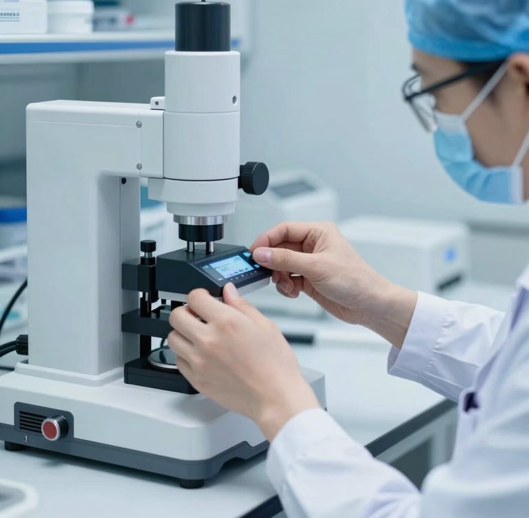 Medium close-up of a clinical researcher in a sterile blue-toned laboratory adjusting a high-precision diagnostic interface, crisp clinical photography, sharp focus