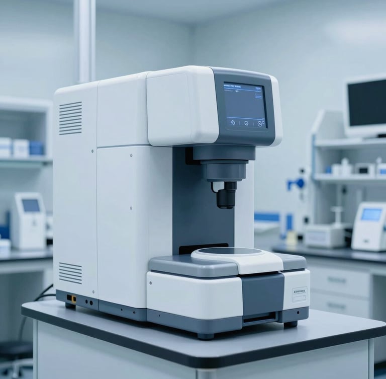 Crisp clinical photography of a high-tech central laboratory facility with automated diagnostic equipment, cool sterile blue lighting, clean white tones, sharp focus.