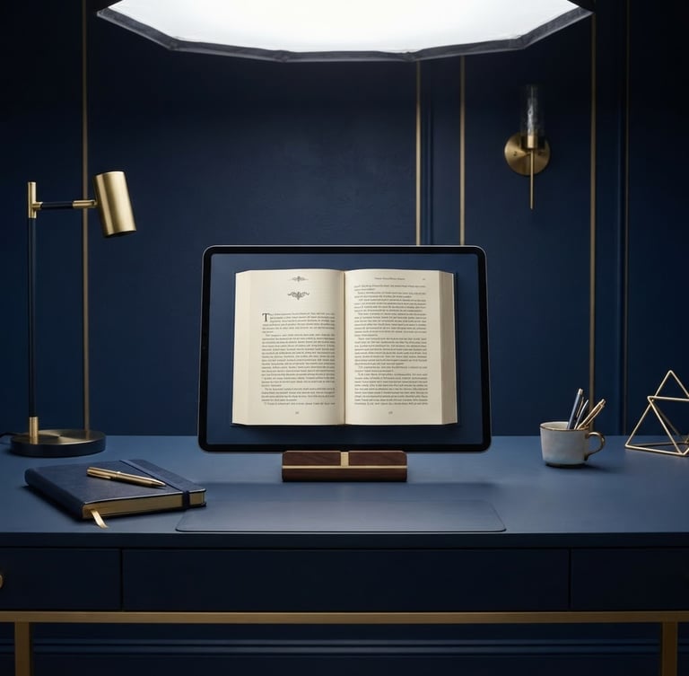 Elegant minimalist reading desk with a modern tablet displaying an open book, soft overhead studio lighting, deep navy background, gold accents, 85mm