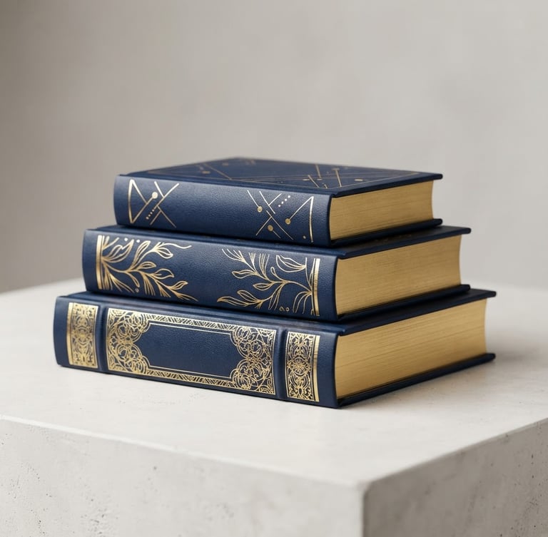 A premium 3D book mockup collection showing three elegant editorial books stacked vertically, deep navy and gold covers, realistic paper textures, soft studio overhead lighting, minimalist background.