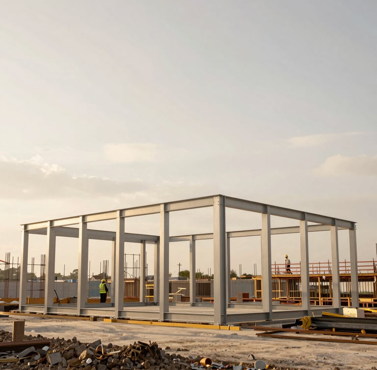 A clean, highly organized construction site with structural steel framing rising against an overcast sky, workers in high-end safety gear visible in the distance.