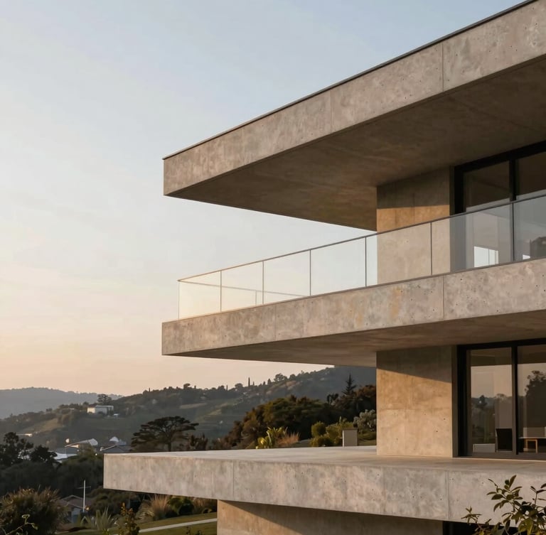 Dramatic vertical architectural shot of a modern hillside residence with a massive cantilevered concrete deck, soft late-afternoon golden hour lighting, clean minimalist lines.