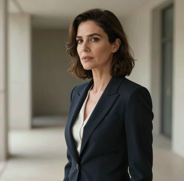 Elegant portrait of Carol Esteves in a minimalist, architectural setting with soft natural light, wearing professional attire, looking off-camera.