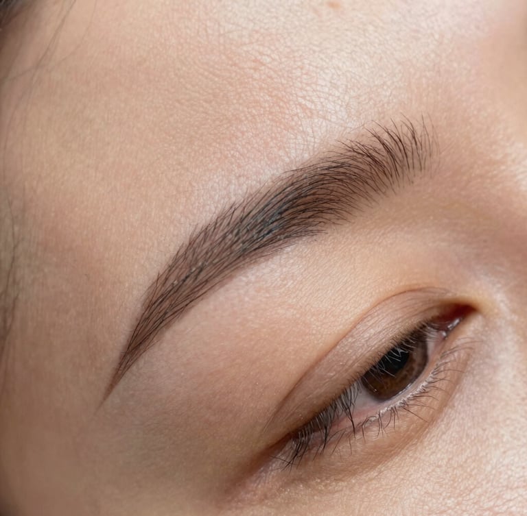 Extreme close-up macro photography of healed skin showing crisp, individual hair strokes of nanoblading. Soft, diffused clinical daylight, focusing on skin texture and microscopic precision. No redness or irritation.