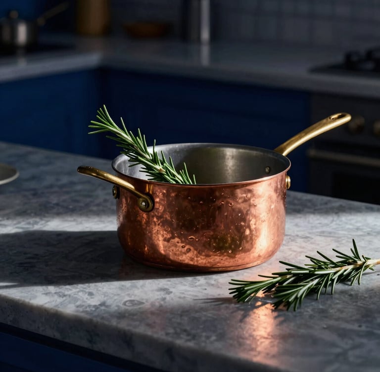 Warm, dramatic side-lighting on a pristine chef's kitchen counter, a copper pot simmering, fresh rosemary sprigs, deep blue shadows, gold highlights.