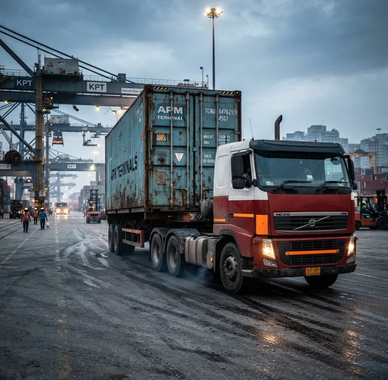 Low-angle shot of a heavy transit truck departing a Karachi port terminal under cool morning light, industrial steel container in focus, high-contrast.