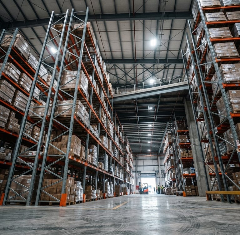 Low-angle architectural shot of a modern Karachi warehouse interior, heavy steel racking systems, crisp industrial lighting, cool steel tones with safety-orange accents, wide-angle 35mm
