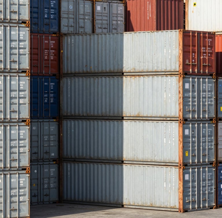 Crisp daylight documentary shot of organized cargo containers stacked neatly at a secure Karachi shipping terminal, high-contrast shadows.
