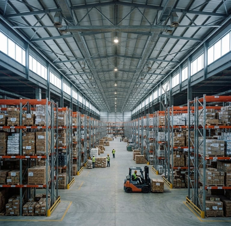 Wide-angle architectural shot of a modern high-ceilinged warehouse interior in Karachi, crisp industrial lighting, organized steel pallet racking, cool daylight streaming from high windows, 35mm documentary style