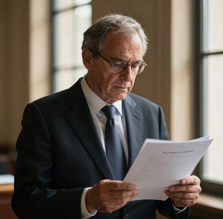 An authoritative advocate in a dark suit reviewing legal papers under dramatic side window lighting, shallow depth of field, 50mm