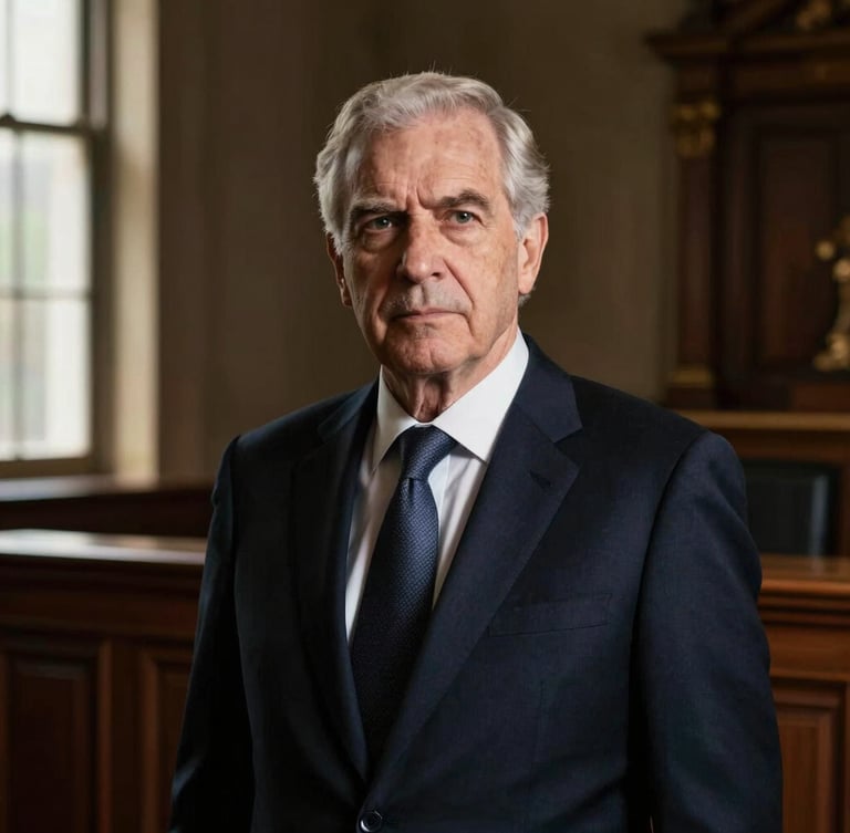 Editorial portrait of a senior advocate in a dark navy suit, serious expression, dramatic side window lighting, deep shadows, classic courtroom chamber background, 50mm