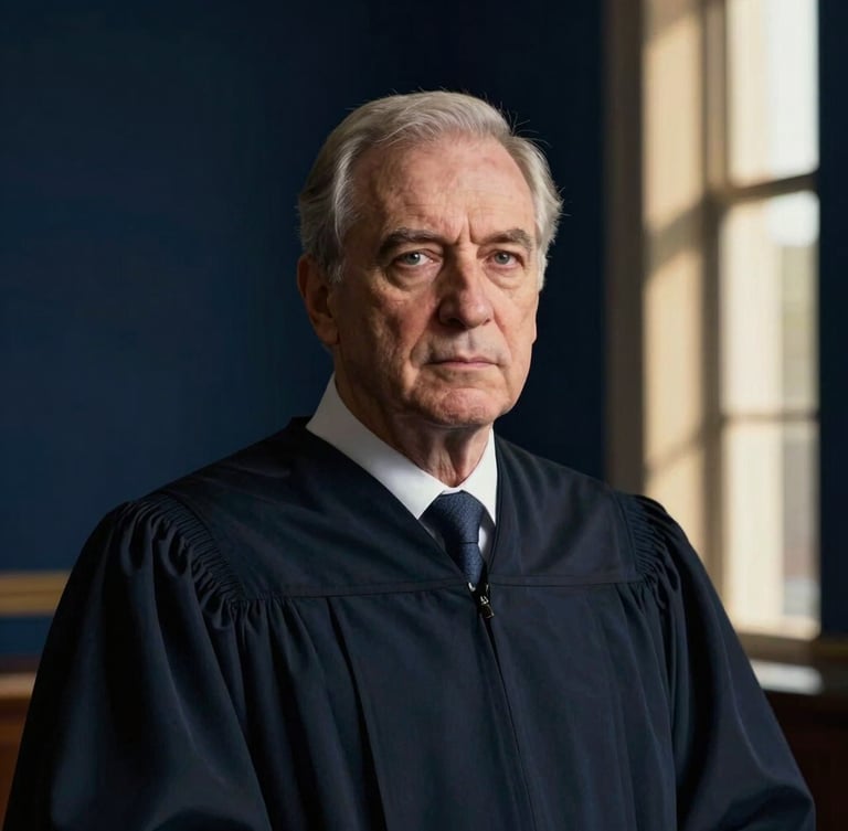 Editorial portrait of a senior advocate in a dark robe, serious expression, dramatic side window lighting, deep navy background, highly professional