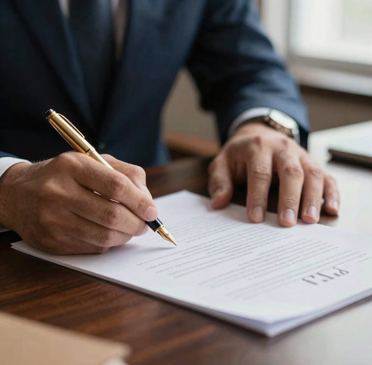 Close-up of hands signing legal documents with a gold fountain pen on a dark oak desk, soft dramatic side lighting, shallow depth of field