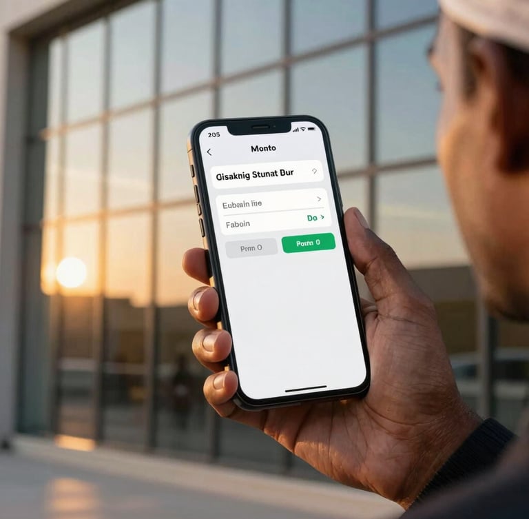 Close-up of Somali diaspora businessman holding a mobile phone showing a successful transaction confirmation screen, warm golden hour sunlight reflecting off the glass facade behind him.