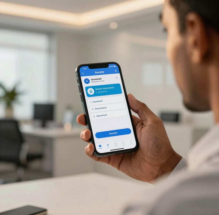 Close-up of Somali diaspora businessman holding a smartphone showing a successful instant transaction confirmation, warm golden hour light, clean modern office background
