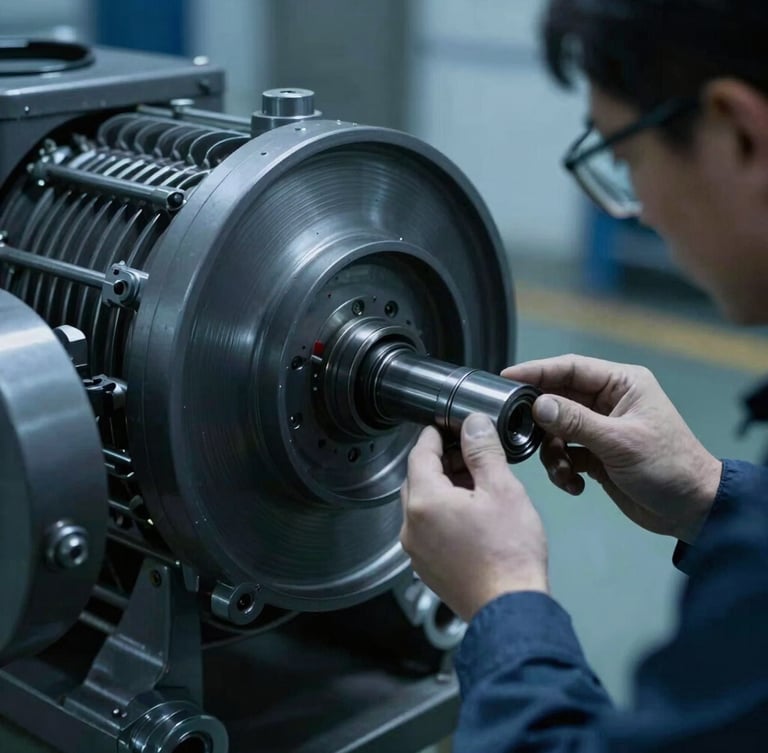 Tight macro shot of a technician in safety gear inspecting a misaligned shaft on a large rotating compressor, cool blue ambient light, high contrast graphite tones, 35mm lens