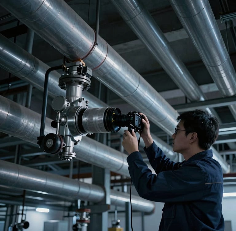 Wide environmental shot of a technician holding an acoustic imaging camera pointing at overhead refinery pipes, high contrast graphite tones, cool blue ambient light