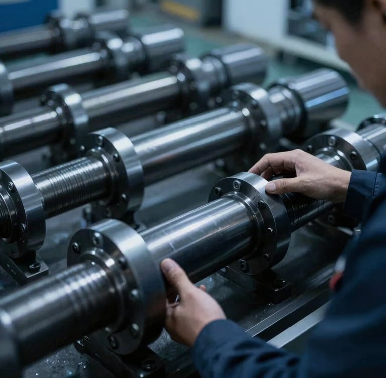 A close-up of a technician analyzing misaligned shafts on a plant floor, high contrast graphite tones, cool blue ambient light