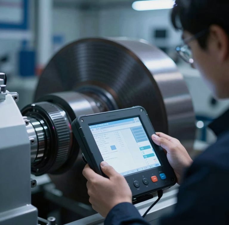 Close-up of a technician analyzing rotating machinery with a high-tech diagnostic tool, industrial background with cool blue tones, high contrast