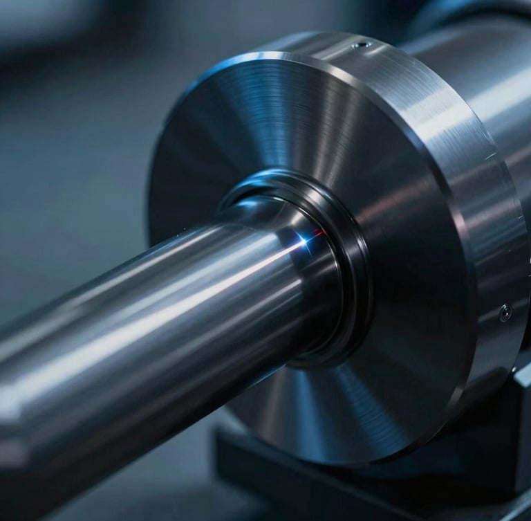 Macro close-up of a high-speed rotating steel shaft, laser alignment guide visible, moody blue ambient lighting, high contrast graphite tones, sharp technical details, 35mm lens