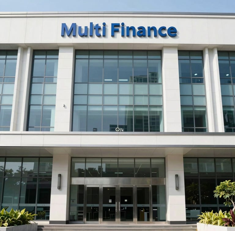 Bright corporate photography of a modern Indonesian multi-finance office facade, clean natural daylight, straight-on eye-level angle, professional and highly legible