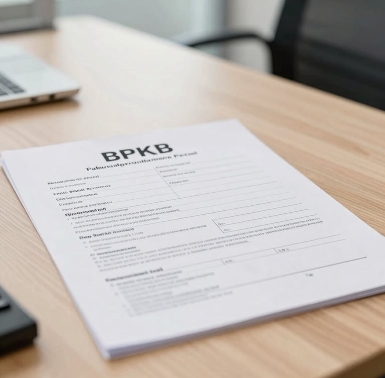 Professional close-up of vehicle registration documents BPKB on a clean wooden desk, bright corporate setting, natural daylight, highly legible