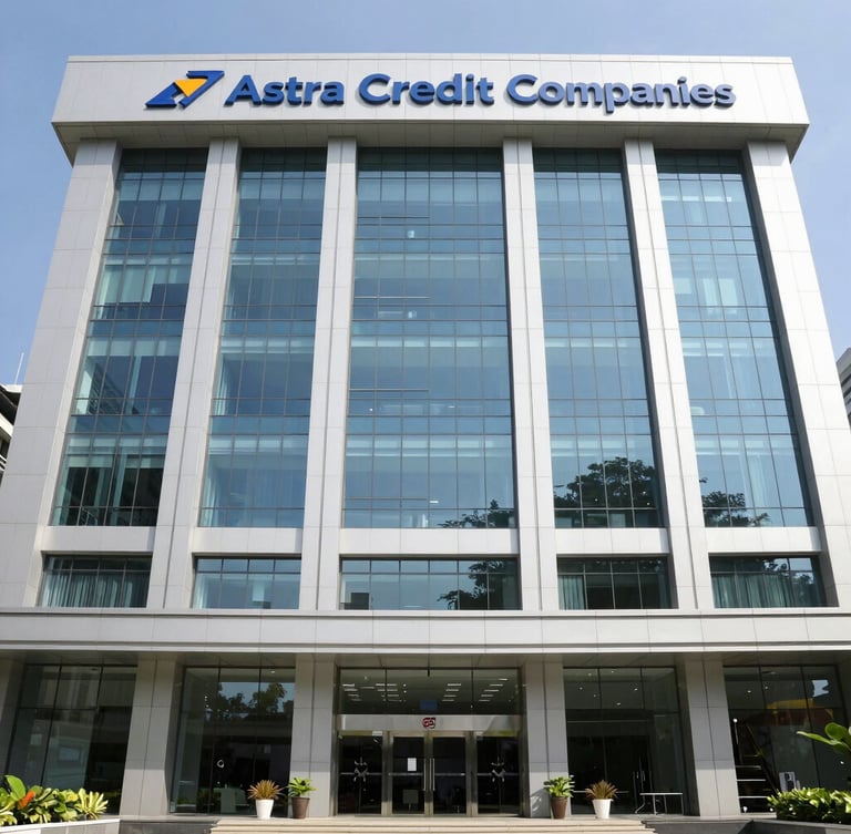 Bright corporate photography of a modern Astra Credit Companies office facade in Jakarta, clean natural daylight, straight-on eye-level framing, high-resolution