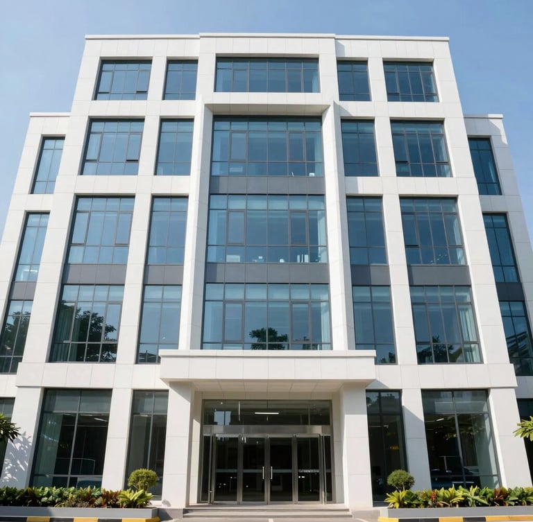 Bright corporate photography of a modern Indonesian multi-finance office facade, clean natural daylight, straight-on framing, 35mm