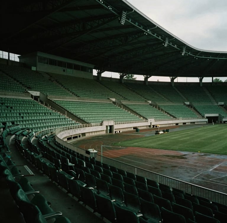 An empty architectural stadium tunnel, dramatic low-key lighting, cinematic shadows, deep green cast, moody overcast European daylight.