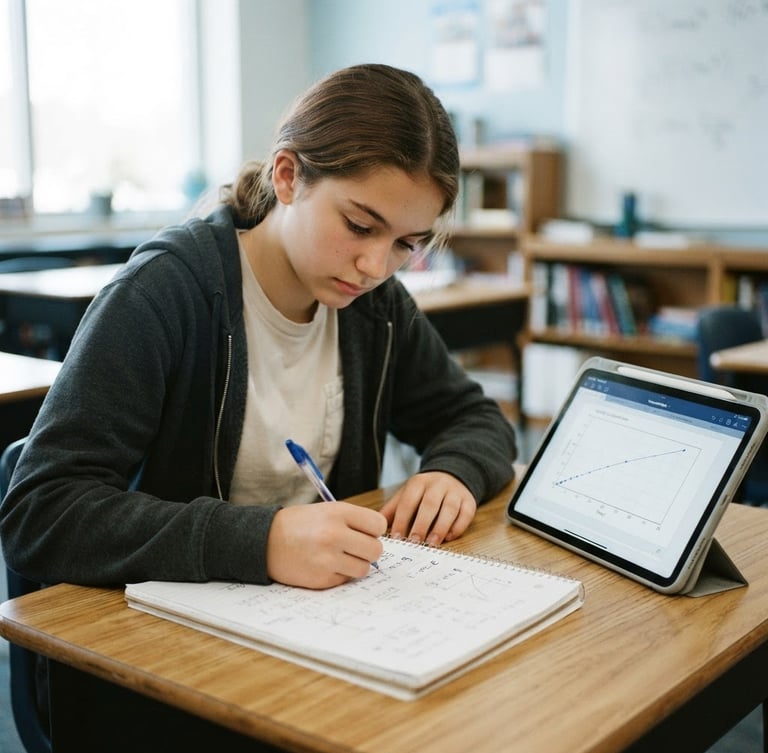 A medium shot of a focused high school student writing physics equations in a clean notebook, a digital tablet beside them displaying a diagnostic graph, bright natural daylight, clean academic atmosphere, 35mm