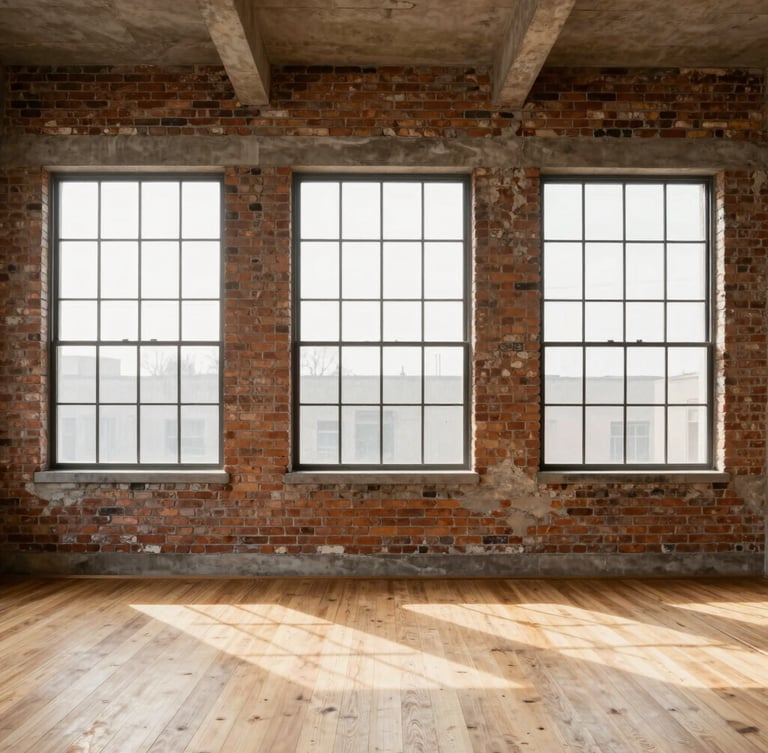 Portrait-oriented architectural photograph of a restored exposed brick wall with large industrial windows, soft diffused daylight, warm timber floor, minimalist.