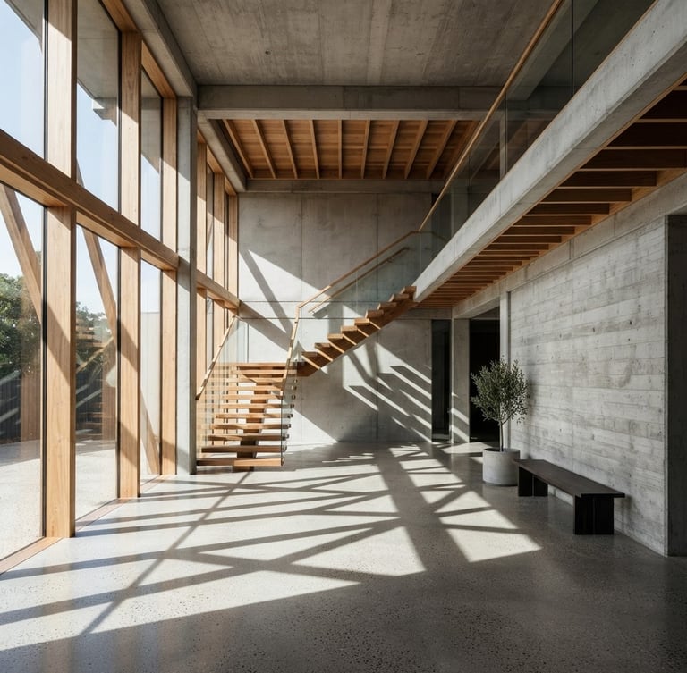Wide-angle architectural shot of a raw concrete and timber interior, hard direct sunlight casting sharp geometric shadows, minimalist, exposed structural elements.