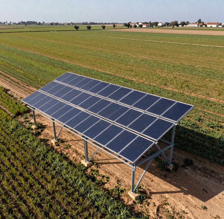Vue aérienne rasante d'un champ agricole marocain irrigué, des panneaux solaires installés sur une structure métallique robuste au milieu des cultures sous un soleil intense.