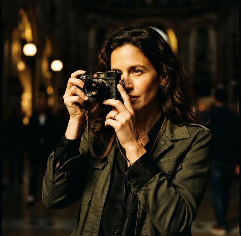 Cinematic editorial portrait of a luxury photographer holding a classic rangefinder camera, dramatic side lighting, rich dark background with warm golden highlights, shallow depth of field, 35mm.