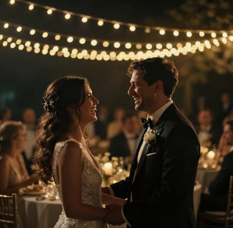 Cinematic wedding reception, a couple sharing an unscripted laugh under warm golden fairy lights, dramatic low-key lighting, shallow depth of field, 35mm.