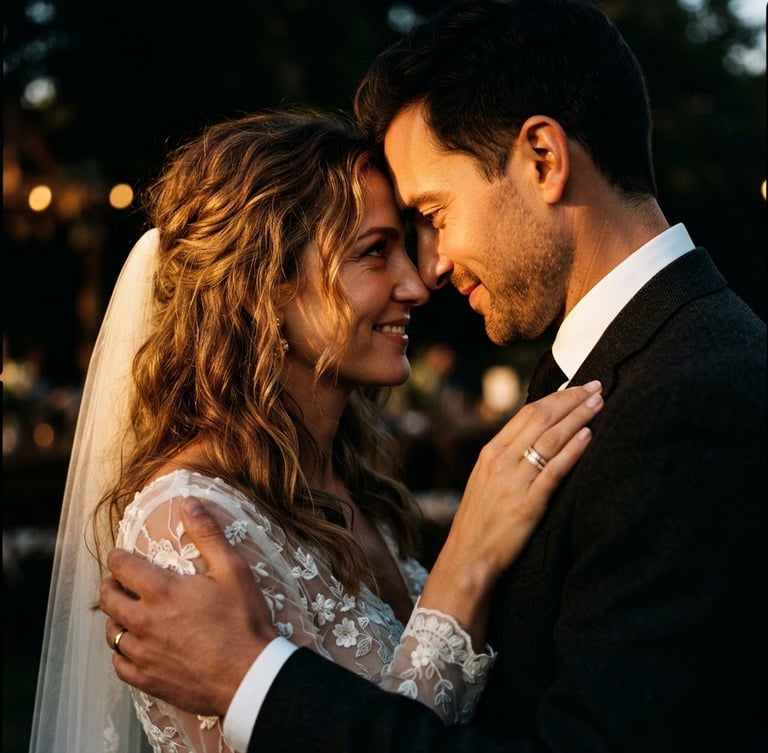 Dramatic close-up of a bride and groom during golden hour, high-contrast low-key lighting, warm gold highlights, 35mm cinematic editorial photography.