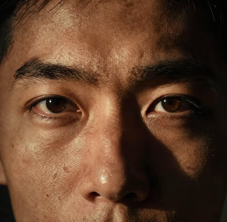 Extreme close-up portrait of a man's eyes, high-contrast chiaroscuro lighting, deep shadows, dramatic amber gel key light, raw cinematic texture.