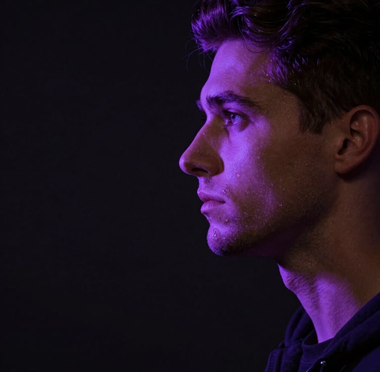 Dramatic chiaroscuro profile of Marek Vane, lit by sharp electric-violet gel from the side, deep negative space on the left, high-contrast cinematic editorial style.