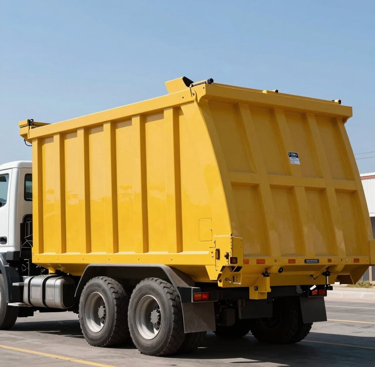 Low-angle heroic shot of a heavy-duty flatbed truck carrying a safety-yellow roll-off dumpster, bright California midday sun, high contrast, sharp focus, 35mm lens