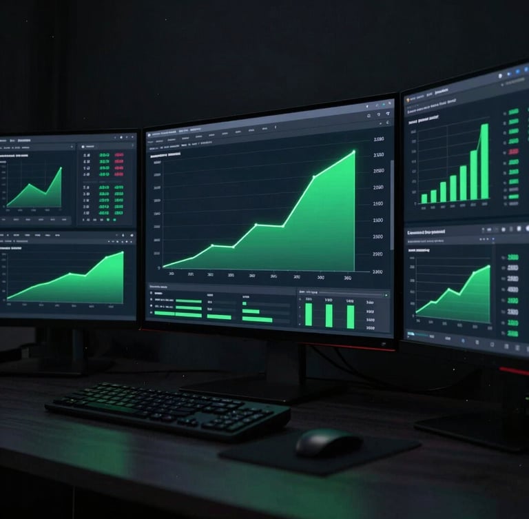 Wide panoramic dark-themed custom analytics dashboard displaying exponential growth curves in neon green on ultra-crisp screens, moody studio lighting with high-contrast shadows.