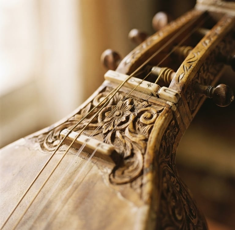 Macro close-up of a traditional dilruba instrument with wooden carvings under soft morning window light, shallow depth of field, warm golden tones, 35mm