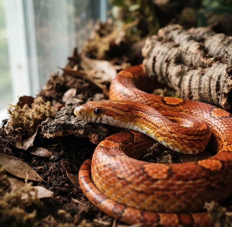 Close-up of a calm, healthy corn snake in a well-maintained terrarium, soft natural daylight, shallow depth of field, authentic
