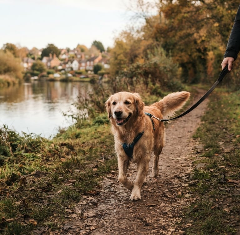 A happy golden retriever walking on a lead along a path beside the River Trent, with trees and local Radcliffe scenery in the soft natural daylight, shallow depth of field, authentic.